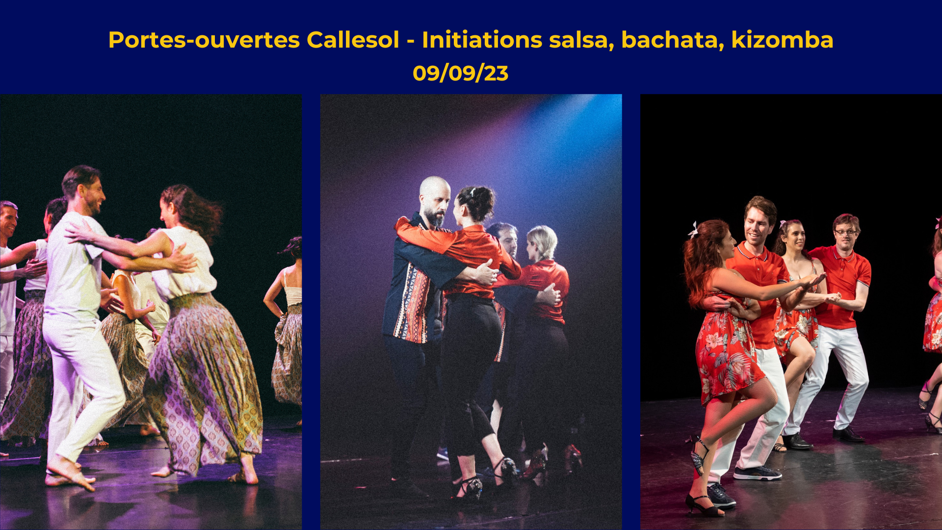 Portes-ouvertes le samedi 9 septembre 2023. Initiations gratuites en salsa, bachata et kizomba.