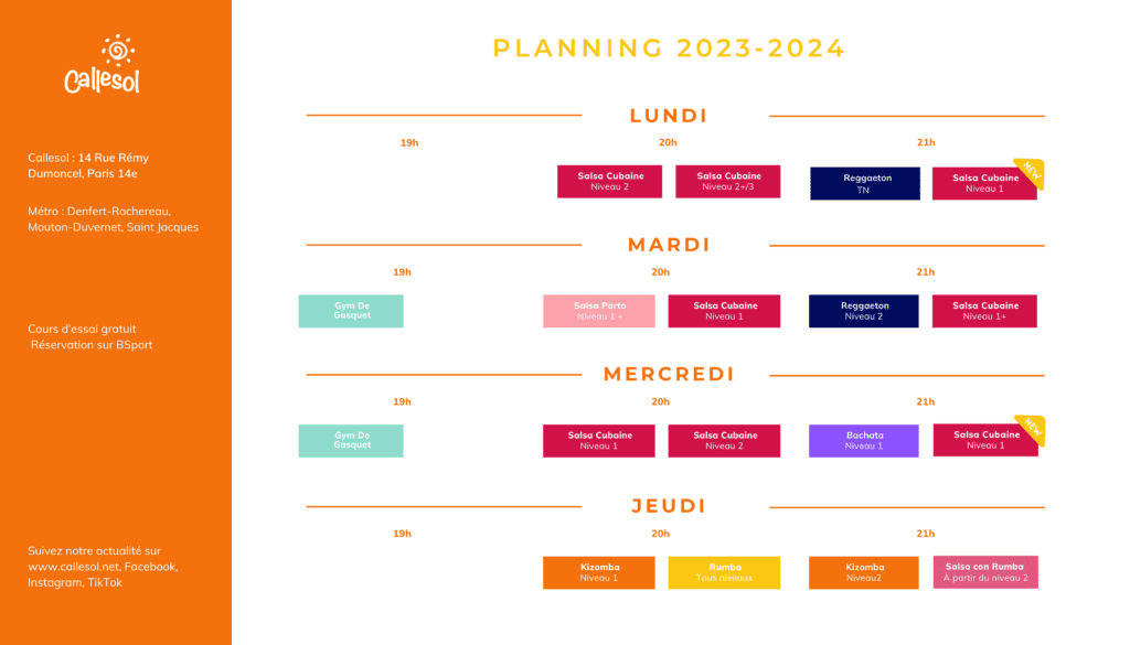 Planning des cours hebdomadaires chez Callesol à partir de janvier 2024